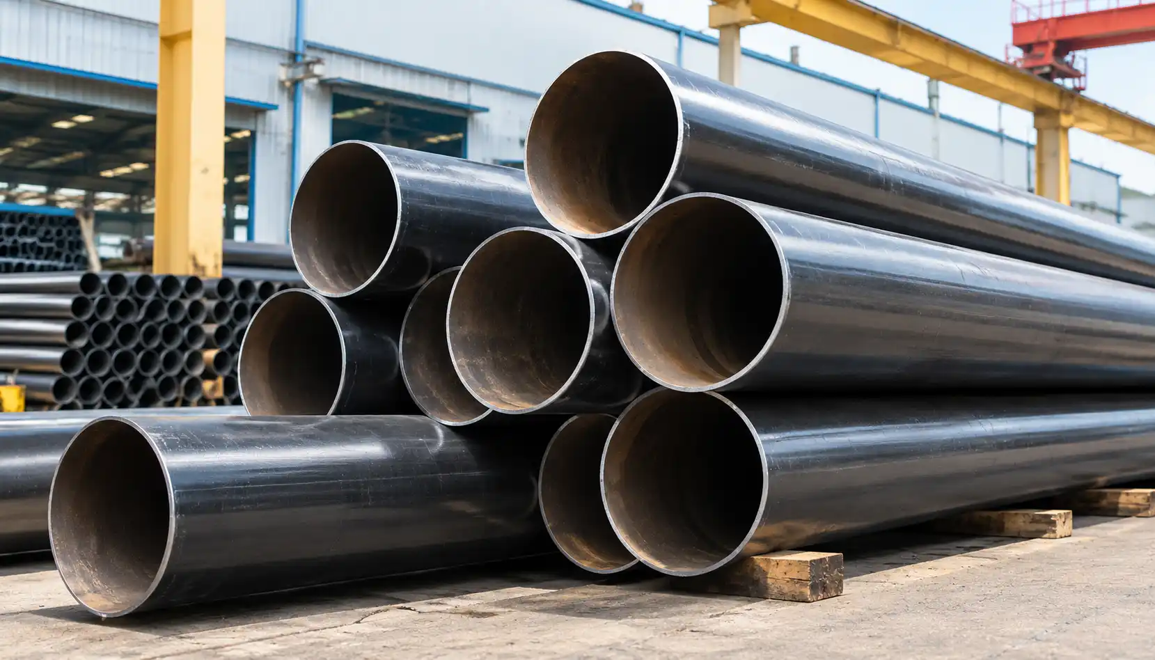 High-pressure API 5L X52 Carbon Steel Pipes stacked in industrial yard stock