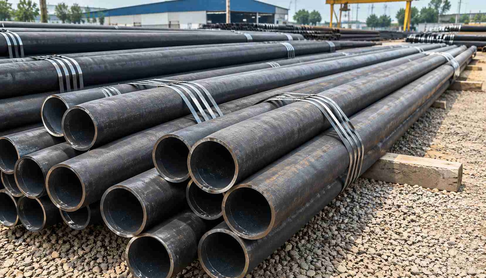 Carbon and alloy steel pipes stacked for high-pressure industrial piping applications