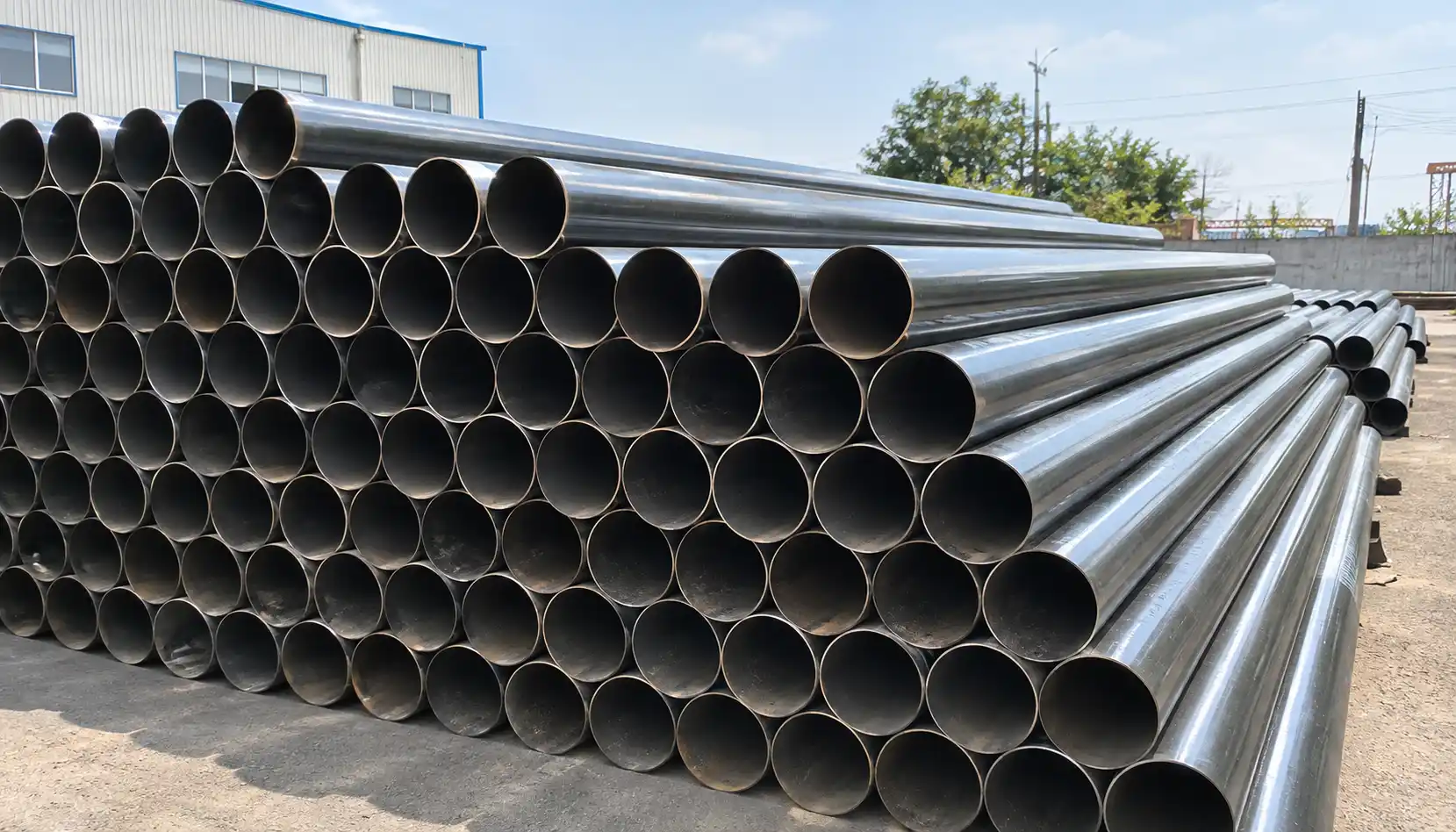 Carbon steel ASTM A53 Grade B pipes stored for industrial piping requirements