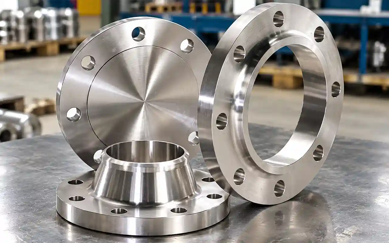 Machined carbon steel forge weld neck and slip on flanges stacked in warehouse by Trident Metal & Alloys