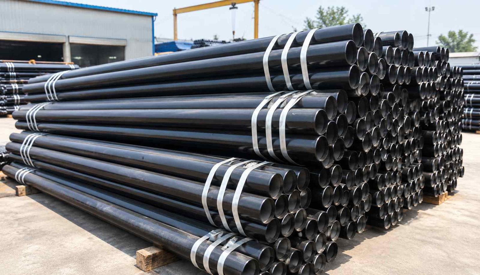 Cold-drawn and hot-finished carbon steel seamless pipes stacked for industrial delivery