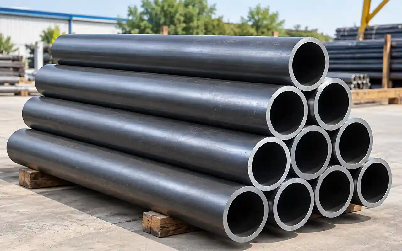 Heavy-wall MS seamless steel pipes stacked in stockyard by Trident Metal & Alloys