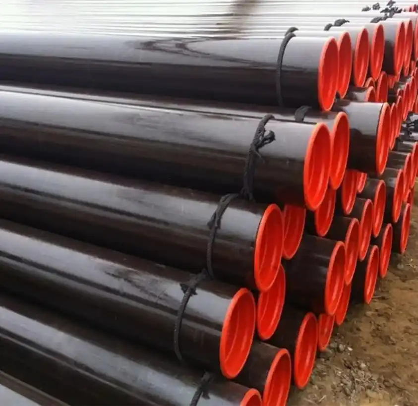 Stenciled ASTM A106 Grade B heavy wall carbon steel pipe ready for refinery installation