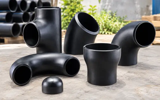 ASTM A234 WPB carbon steel elbows, tees, and reducers stacked for industrial piping applications