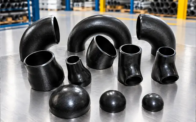 Assorted mild steel seamless and welded pipe fittings stored in factory inventory by Trident Metal & Alloys